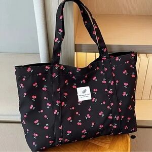 Charming Black and Pink Cherry Print Tote